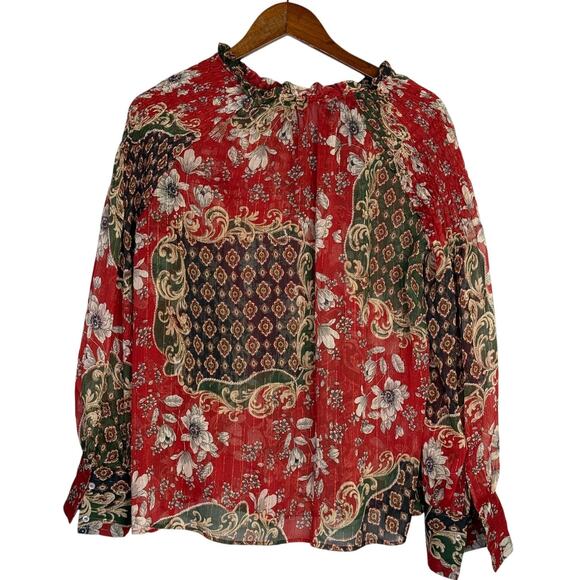 Zara Floral Sheer Long Sleeve Flowy Boho Blouse Smocked Ruffle Neck XL Red Green - Picture 14 of 15